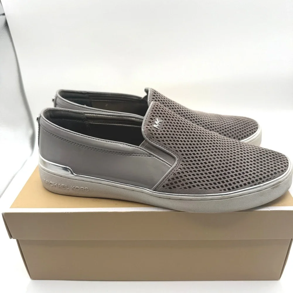 Michael Kors Slip On Sneakers Women 11 Taupe Gray Perforated Patent Leather Flat